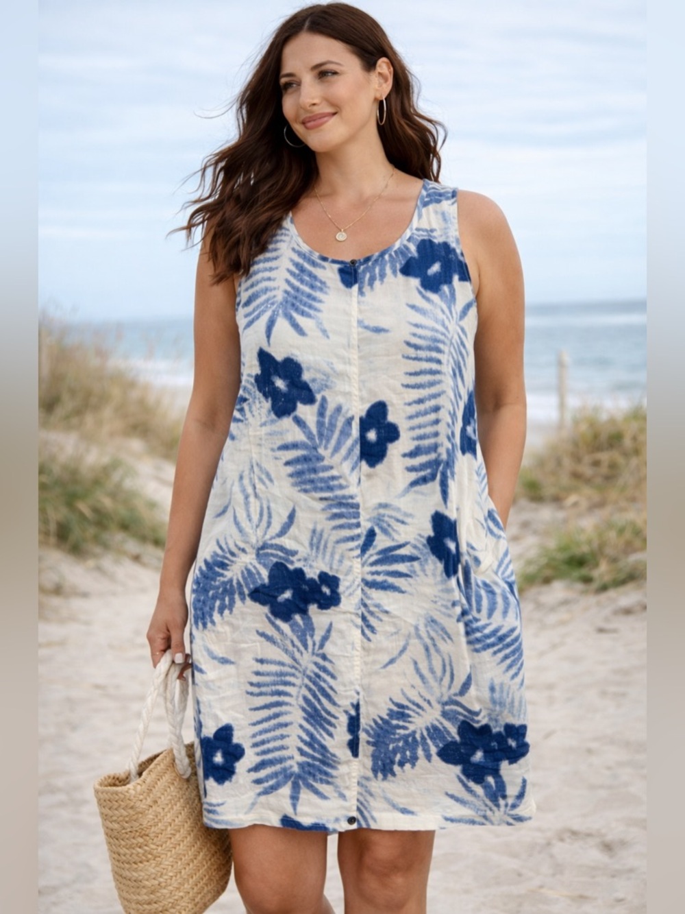 J.‎ Jill Love Linen Sleeveless Shift Dress Med Petite W/ Pockets Coastal Resort